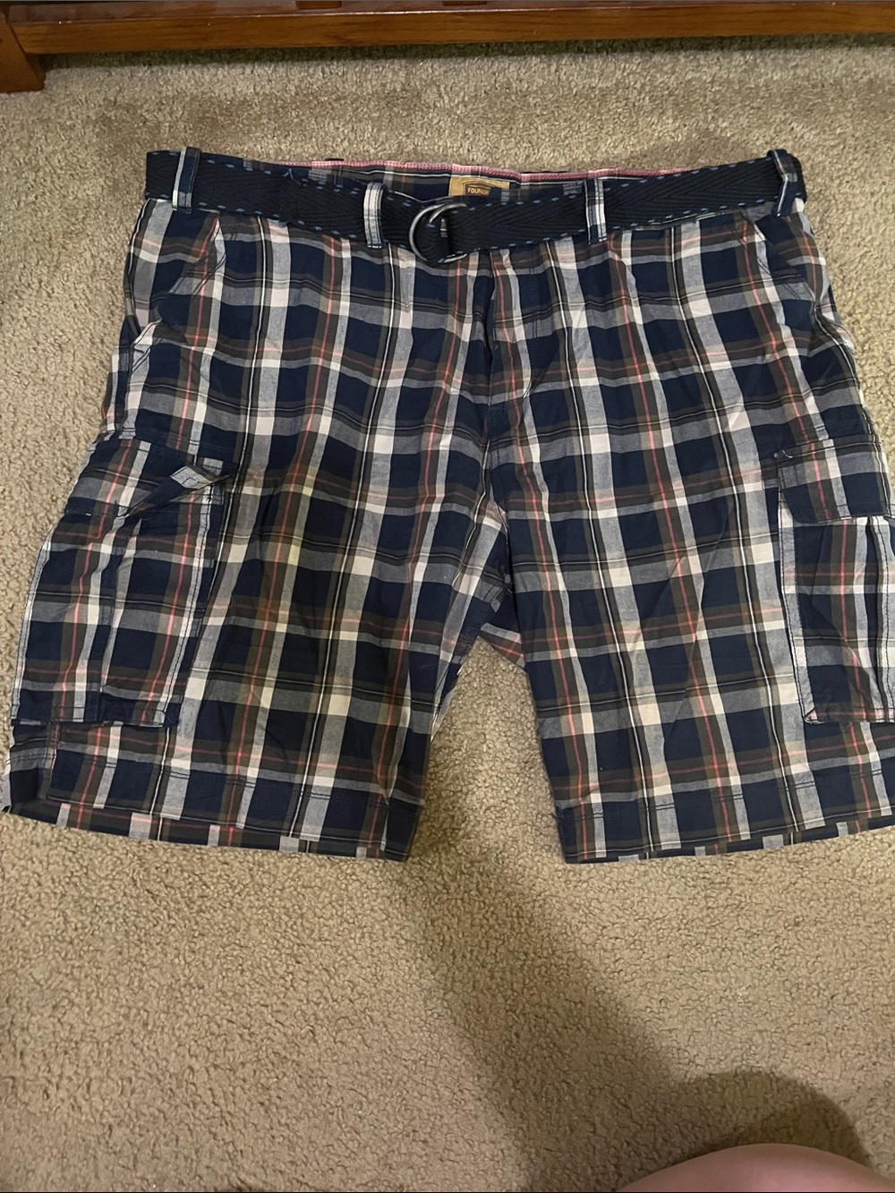 The Foundry Supply Co. Men's Navy, White & Red Plaid Cargo Shorts